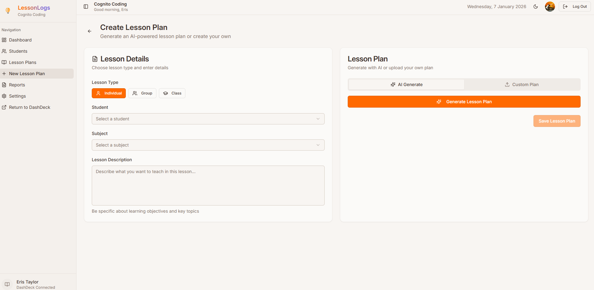 LessonLogs Create Lesson Plan