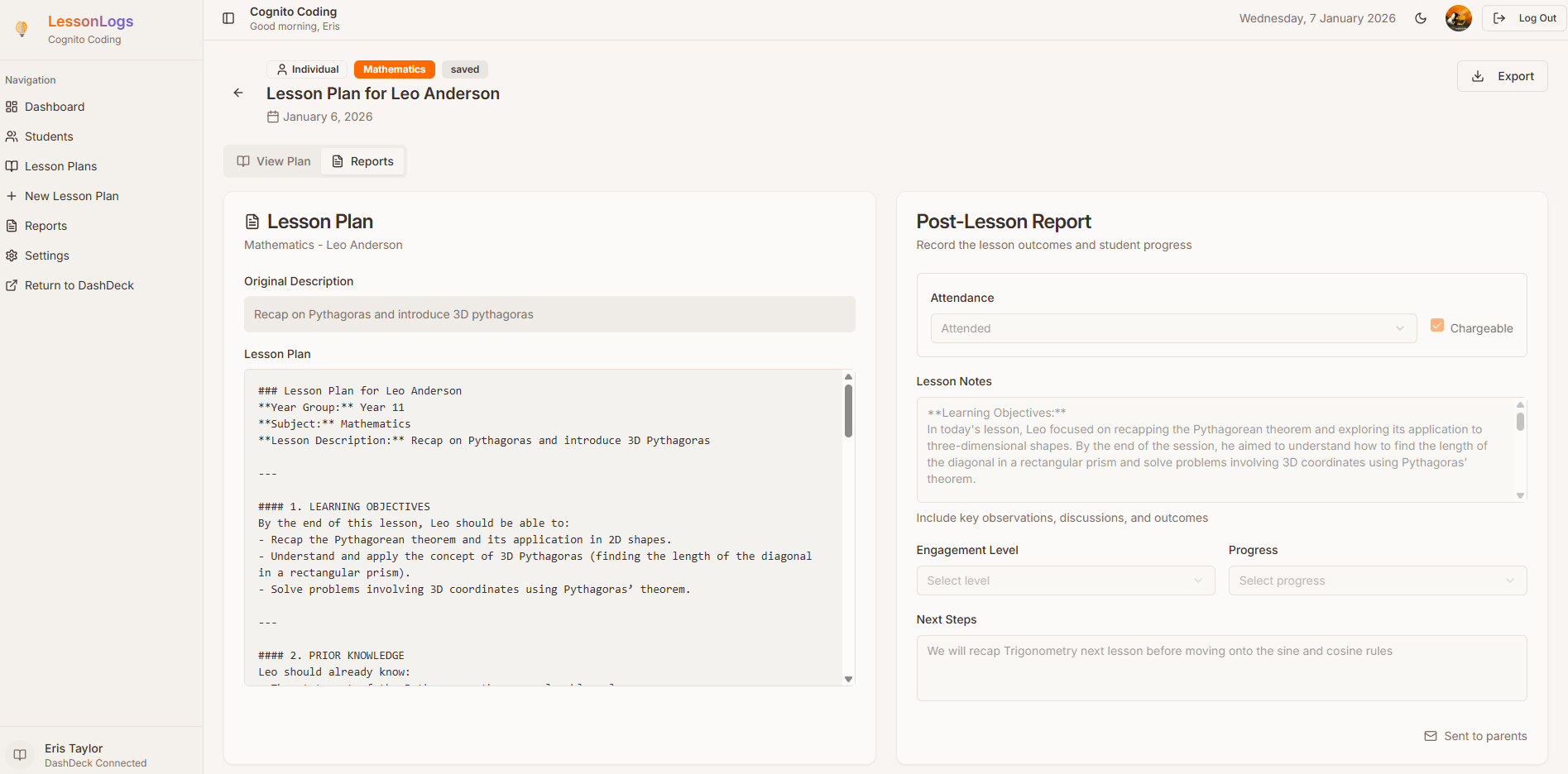 LessonLogs Lesson Plan View
