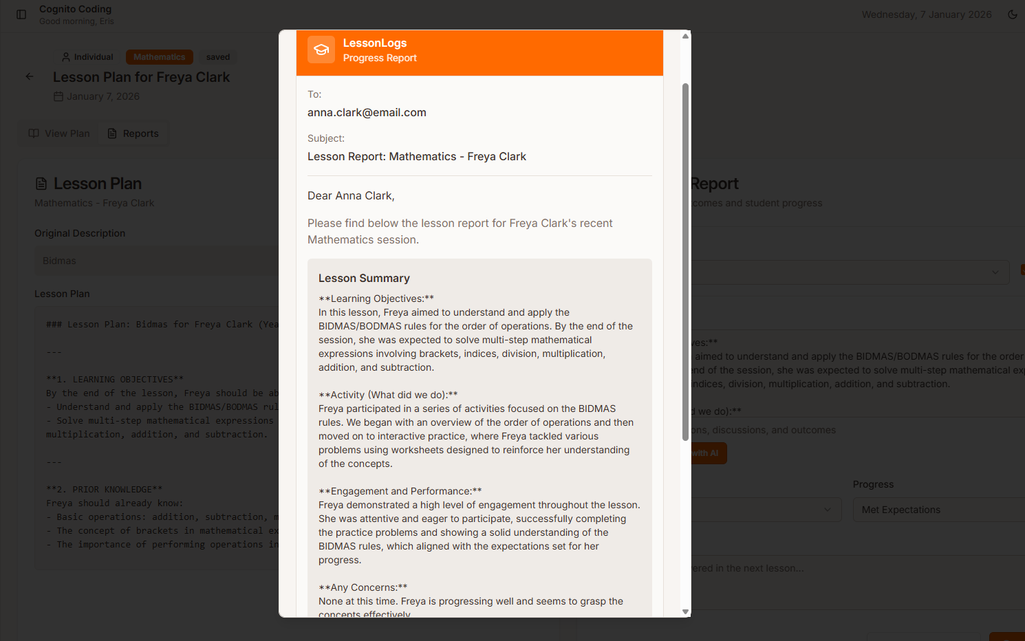 LessonLogs Parent Report Email